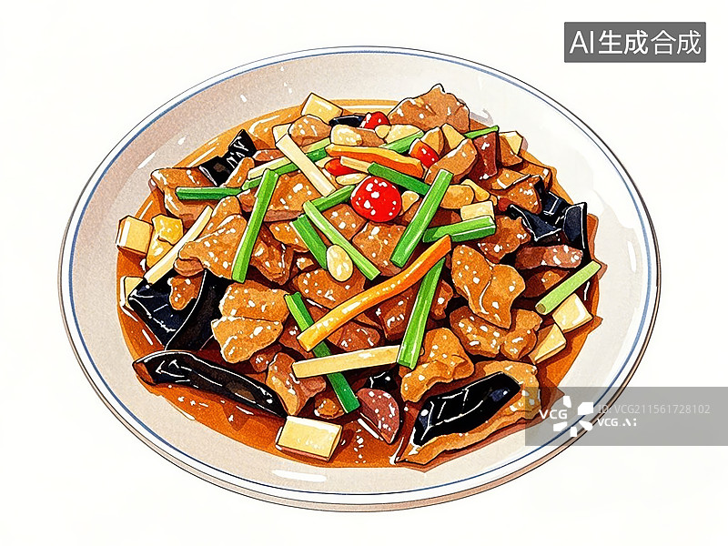 【AI数字艺术】山西过油肉-传统美食小吃手绘插画图片素材