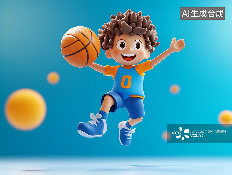 【AI数字艺术】一个3D卡通男生正在打篮球图片素材