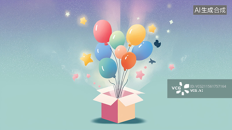 【AI数字艺术】彩色气球从礼盒中飞出图片素材