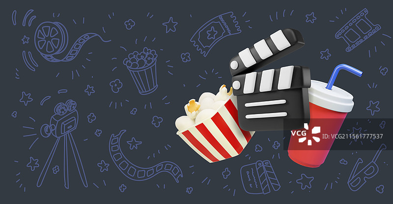 电影概念海报，配有爆米花和电影拍板图片素材