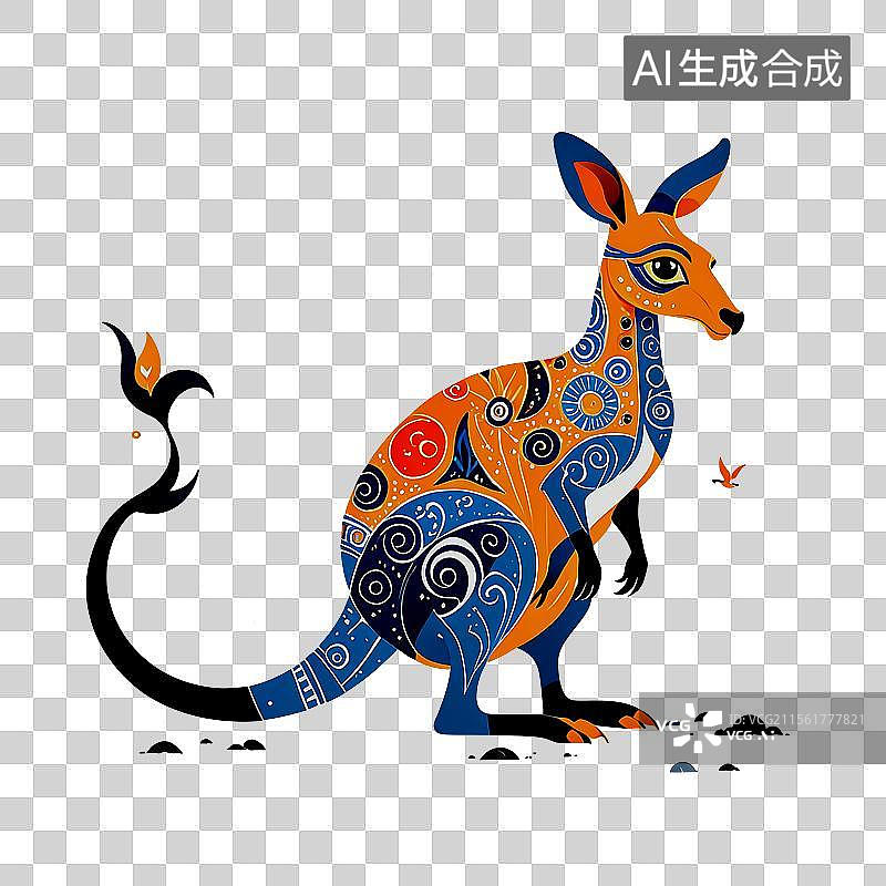 【AI数字艺术】超现实主义北欧波西米亚图案风格卡通动物插画袋鼠图片素材