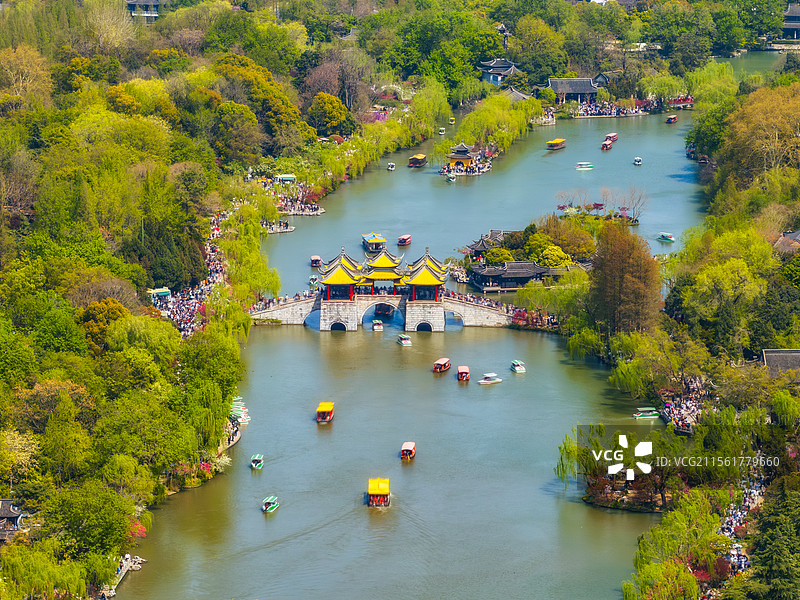 江苏，扬州市，蜀冈-瘦西湖风景名胜区，国家5A级旅游景区，五亭桥，凫庄，钓鱼台，水云胜概，春季，航拍图片素材