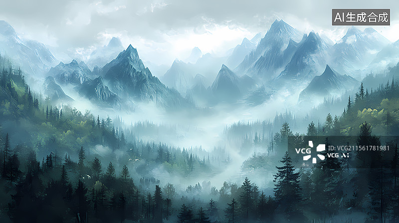 【AI数字艺术】云雾缭绕的山峰图片素材