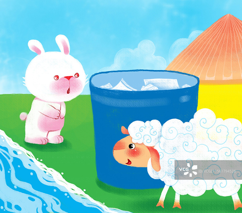动物主题儿童绘本插画 小白兔和小绵羊图片素材