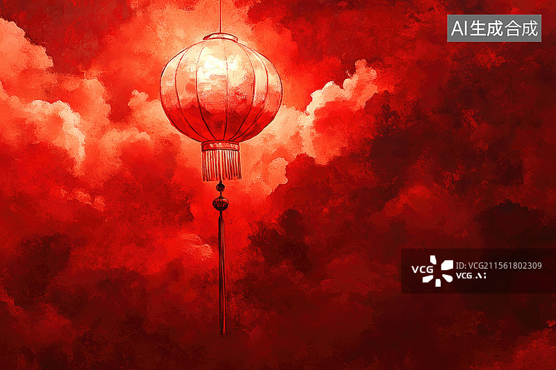 【AI数字艺术】红色中国灯笼与火云图片素材
