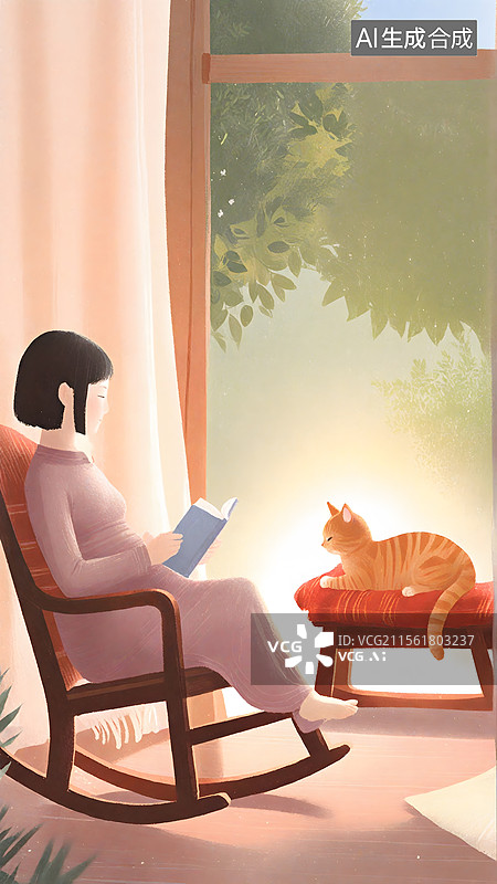 【AI数字艺术】治愈插画一个女性坐在午后的窗前阅读图片素材