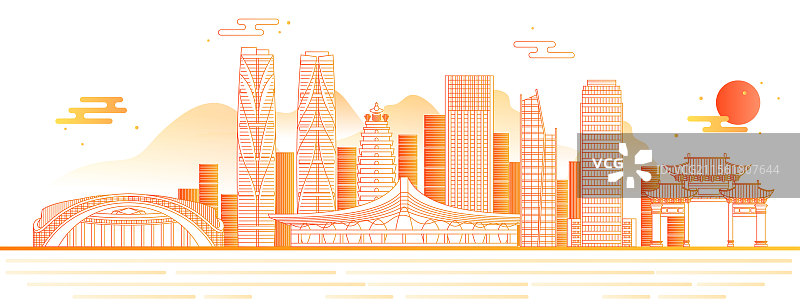 地标建筑城市天际线国风新中式矢量图线条黄色山水画图片素材