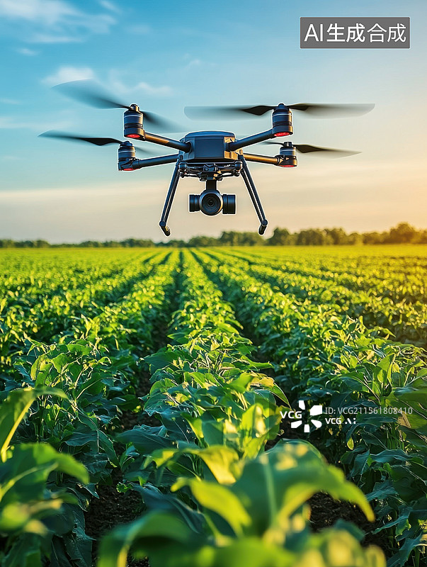 【AI数字艺术】农业无人机在田园上空飞行喷洒消毒播种科技农业结合图片素材