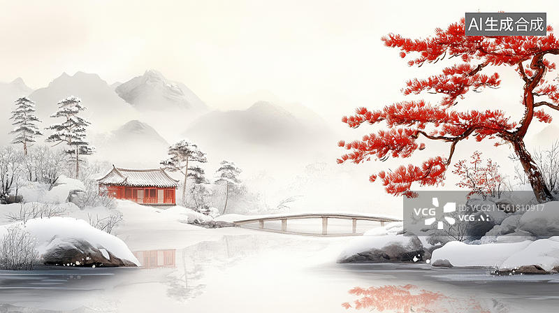 【AI数字艺术】水墨写意冬日雪景图图片素材