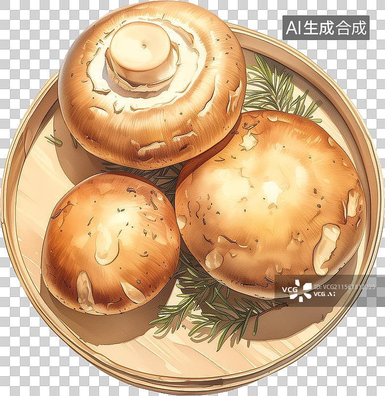 【AI数字艺术】木盘上三个香菇菌菇蔬菜插画图片素材