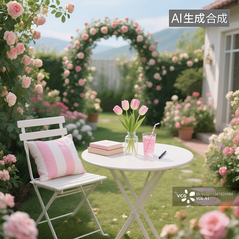 【AI数字艺术】开满鲜花的小院中，远处还有个月季拱门花，院子中间摆放一个白色小圆桌图片素材