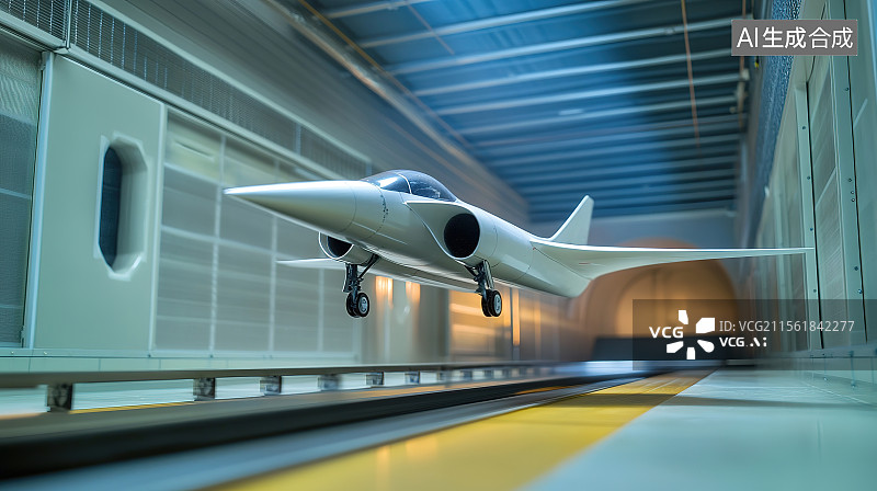 【AI数字艺术】高空风洞实验室中飞机在超强气流中模拟实验采集数据图片素材