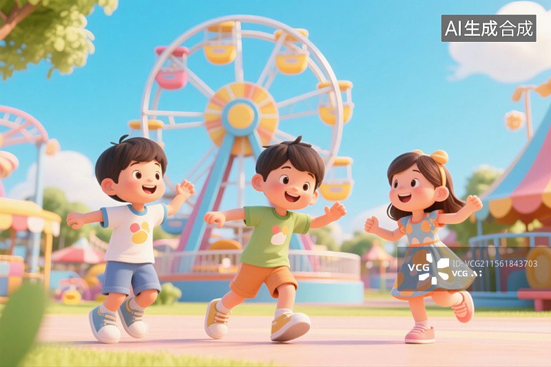 【AI数字艺术】3D 呈现儿童节游乐场，萌娃嬉戏游乐设施间，洋溢欢乐童趣氛围。图片素材