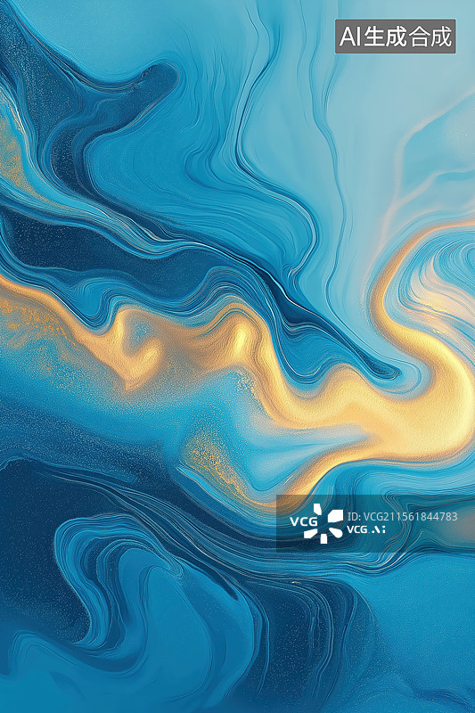 【AI数字艺术】蓝色与金色抽象流动图案图片素材