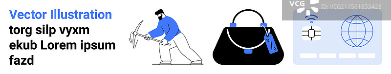 矿工正在用镐工作，手提包上挂着标签图片素材