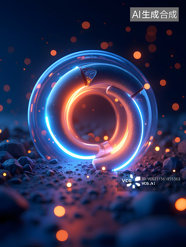 【AI数字艺术】3D科技感的蓝色发光圆环背景图片素材