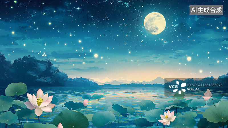 【AI数字艺术】月色荷花背景墙图片素材