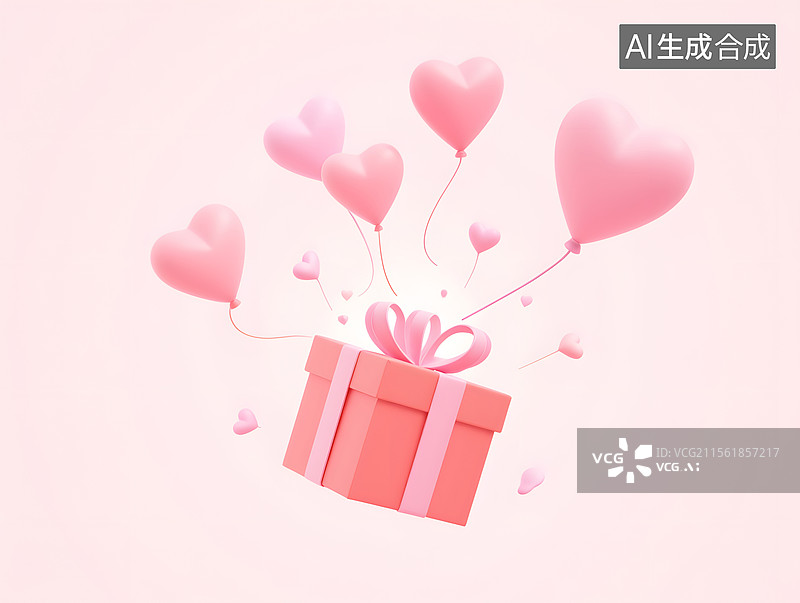 【AI数字艺术】七夕情人节的爱心气球和礼盒3D插画图片素材