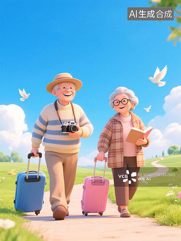 【AI数字艺术】退休老年夫妻外出旅游主题海报背景图片素材