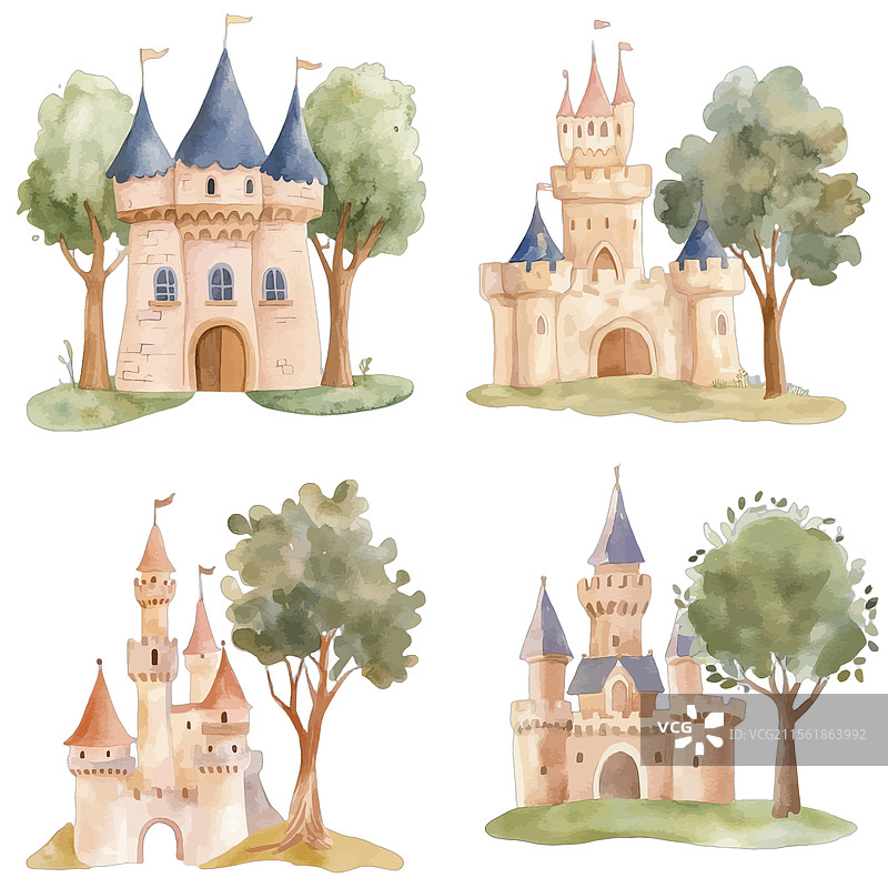 儿童城堡树木与风景水彩画图片素材