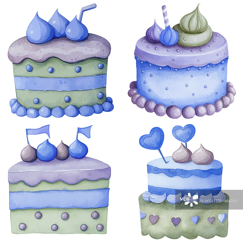 生日水彩蛋糕套装，适合派对和庆祝活动图片素材