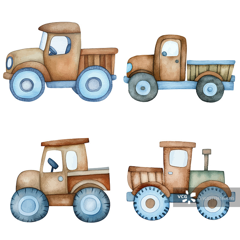 一套手绘的儿童玩具卡车图片素材