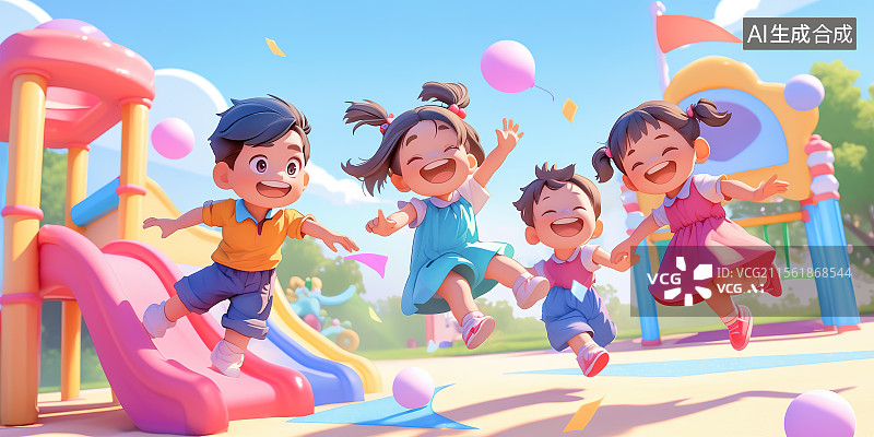 【AI数字艺术】一群小孩朋友在游乐场儿童乐园娱乐奔跑跳跃玩耍 身心健康朝气蓬勃阳光快乐晴朗天气滑梯设施俯视视角大透视图片素材
