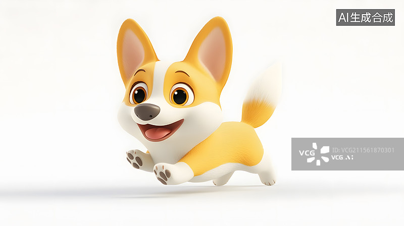 【AI数字艺术】奔跑柯基幼犬3D渲染图 白色背景高细节角色设计图片素材