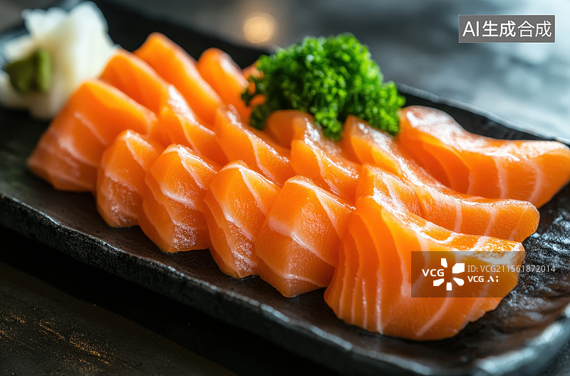 【AI数字艺术】桌面上美味的三文鱼生鱼片摆盘图片素材