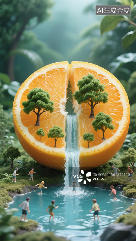 【AI数字艺术】水果瀑布-微缩摄影-移轴镜头图片素材