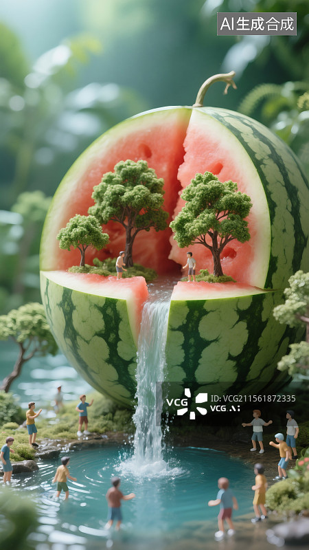 【AI数字艺术】水果瀑布-微缩摄影-移轴镜头图片素材