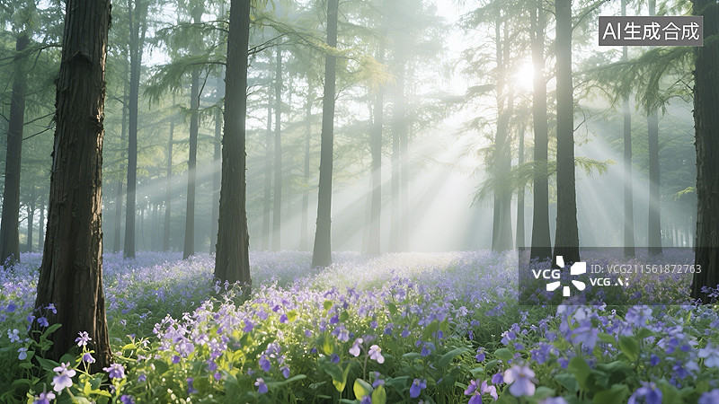 【AI数字艺术】水杉林里的二月兰图片素材