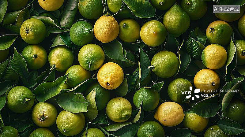 【AI数字艺术】新鲜青柠与绿叶  新鲜成熟的绿色青柠图片素材
