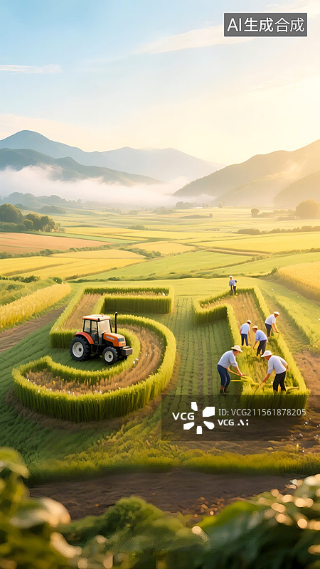 【AI数字艺术】农田里的数字51和耕种的农民伯伯图片素材