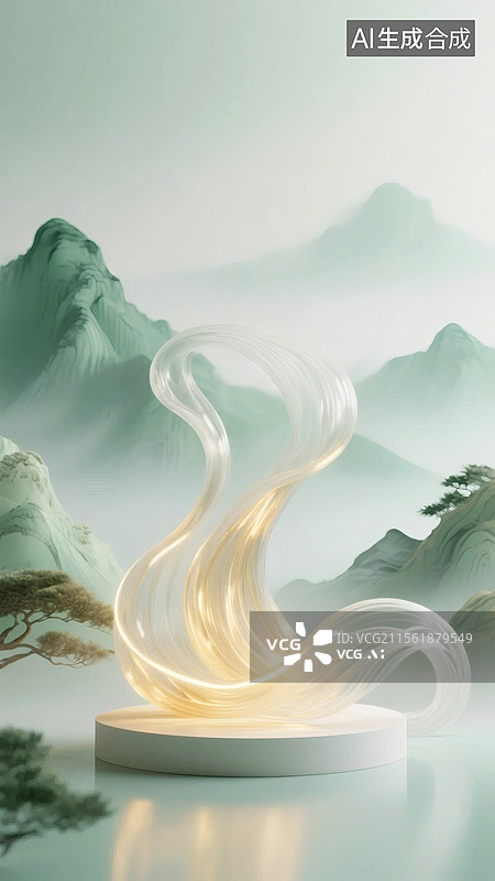 【AI数字艺术】磨砂玻璃中式青山图片素材