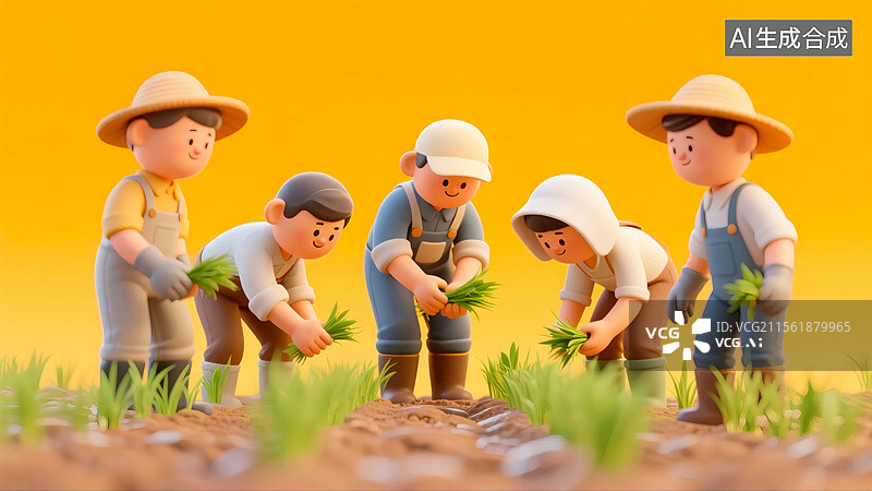 【AI数字艺术】农田里耕作的卡通农民图片素材