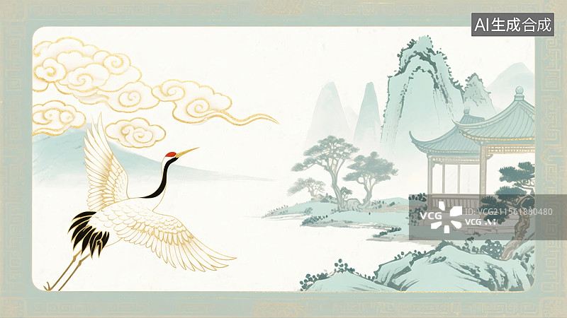 【AI数字艺术】国风展画中式山水与仙鹤腾云图片素材