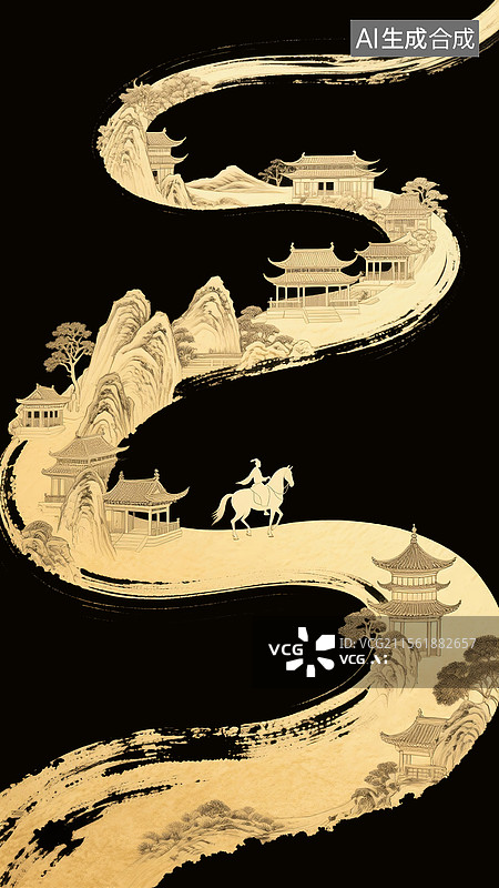 【AI数字艺术】蜿蜒的金色水墨里叠加中国风山水和亭台楼阁图片素材