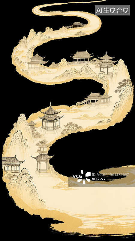 【AI数字艺术】蜿蜒的金色水墨里叠加中国风山水和亭台楼阁图片素材