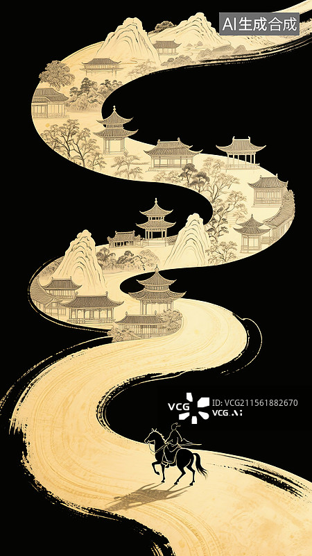 【AI数字艺术】蜿蜒的金色水墨里叠加中国风山水和亭台楼阁图片素材