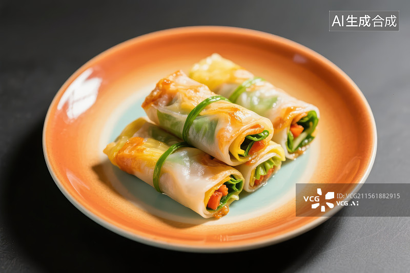 【AI数字艺术】陶瓷盘子里的春卷图片素材