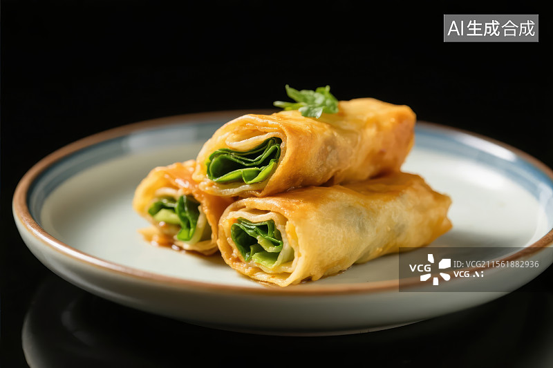 【AI数字艺术】陶瓷盘子里的春卷图片素材