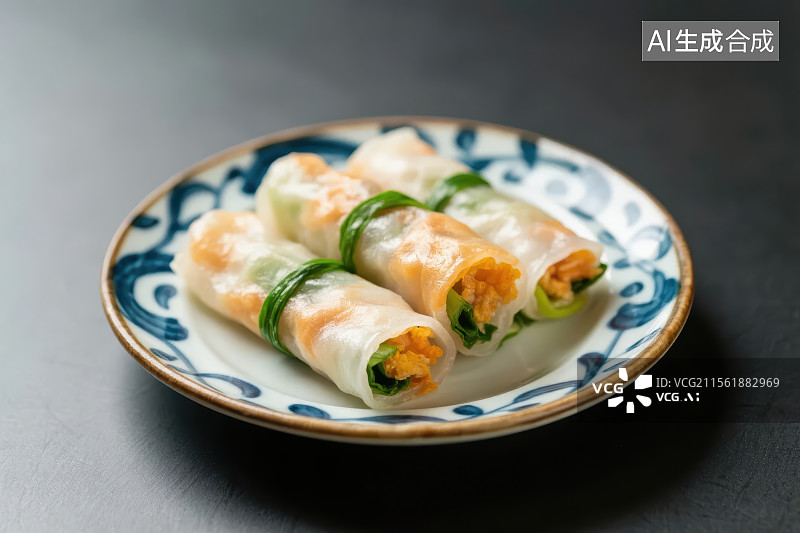 【AI数字艺术】陶瓷盘子里的春卷图片素材