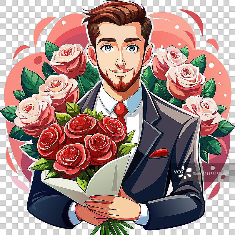 一个男人手里拿着一束玫瑰花，穿着一件图片素材