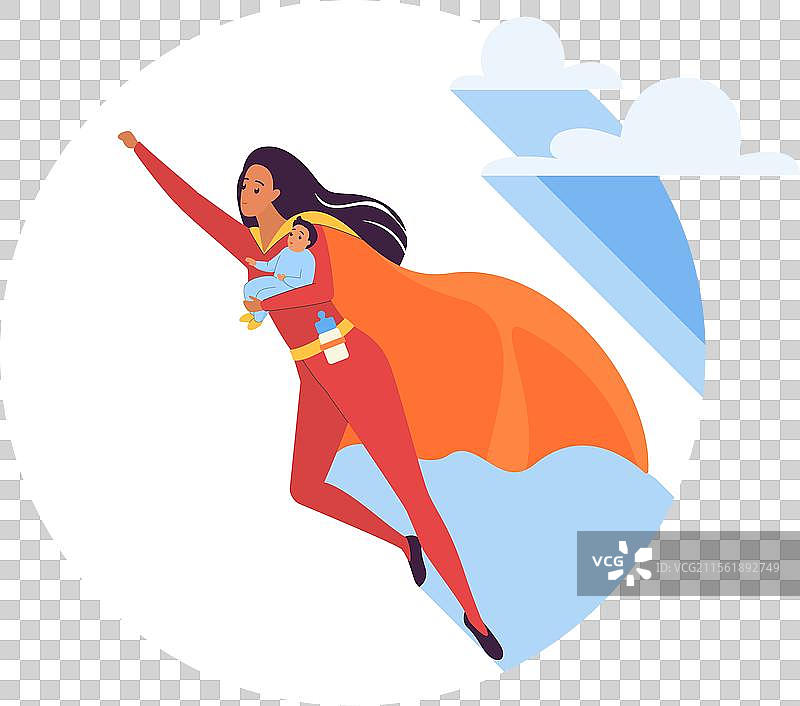 超级妈妈抱着婴儿飞向天空图片素材