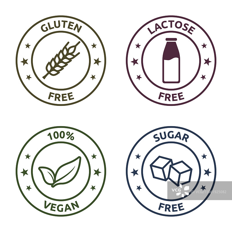 一套无麸质、无乳糖、无糖的素食徽章图片素材