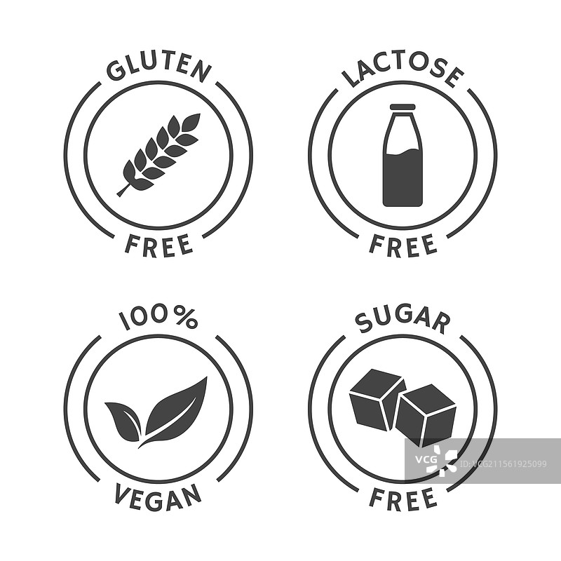 一套无麸质、无乳糖、无糖的素食徽章图片素材