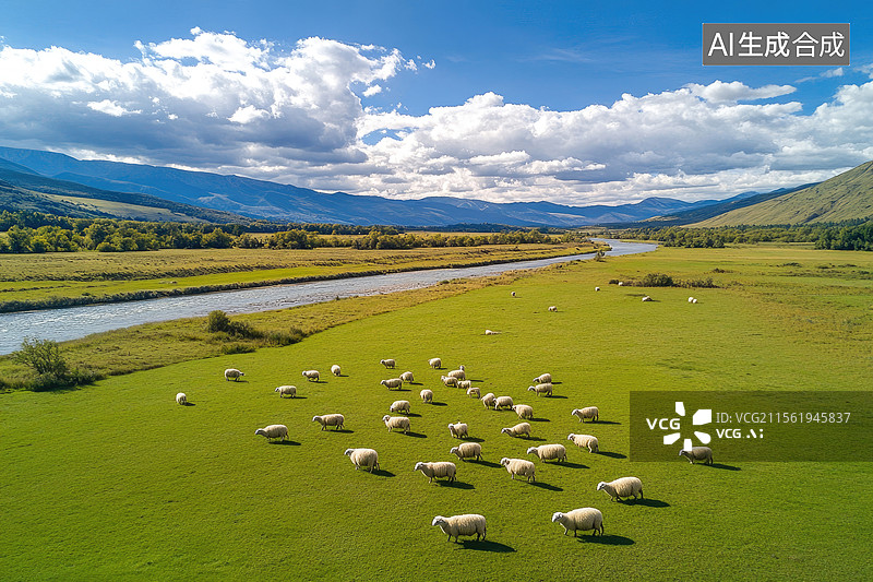 【AI数字艺术】山谷牧场羊群图片素材