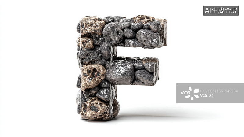【AI数字艺术】石头组成的英文字母F，字母背景，设计元素，26个英文字母图片素材