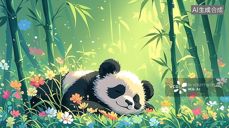 【AI数字艺术】水彩风格森林里睡觉的可爱熊猫图片素材